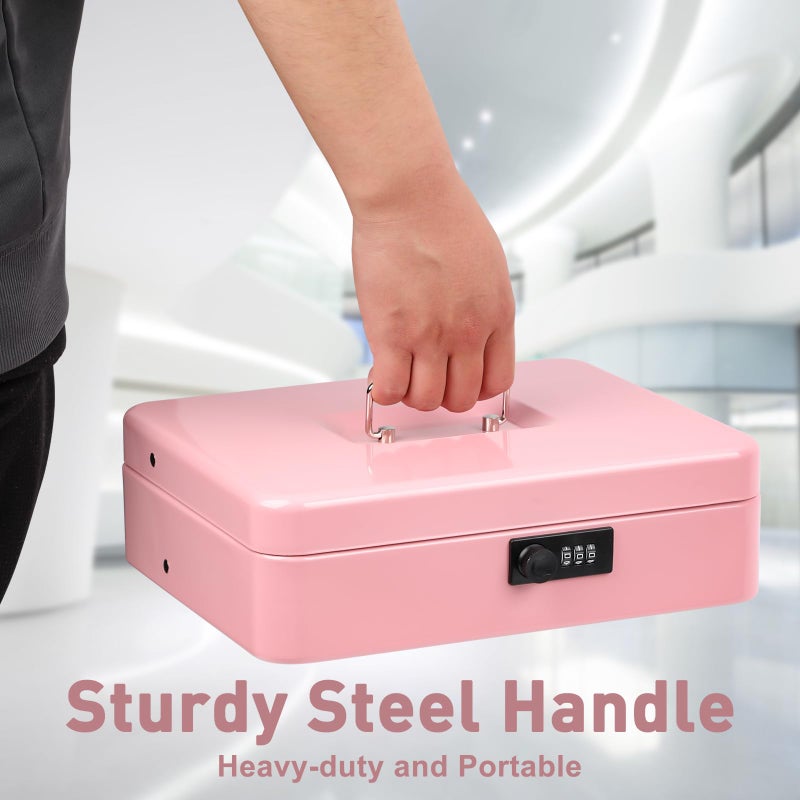 Kyodoled Locking Money Box with Combination Lock, Metal Cash Box with Money Tray, Cash Register,5 Compartments Cantilever Tray 4 Spring Loaded Clips,11.81Lx 9.45Wx 3.54H Inches Pink X Large - Image 4
